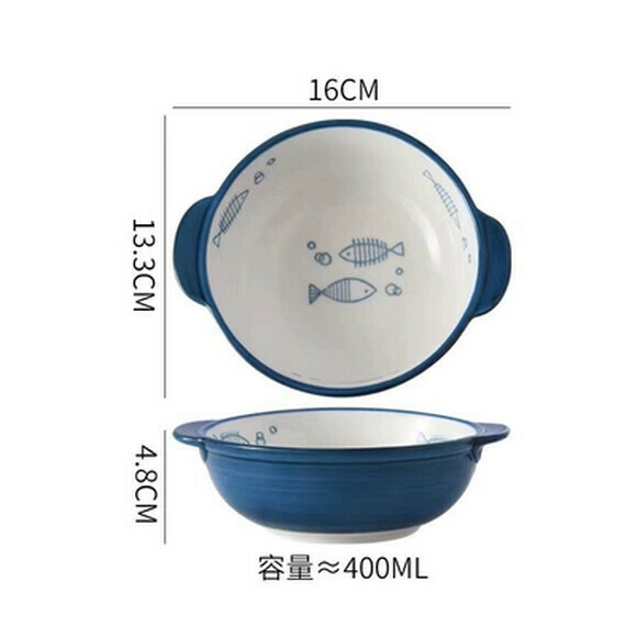 Hot recommended ceramic rice bowl, steamed egg bowl, baby food supplement, small steaming bowl, children's anti-scalding cartoon small bowl (5-inch double-ear bowl (Blue Fish))