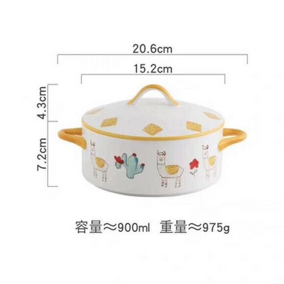 Hotly recommended instant noodle bowl with lid, new double-ear soup bowl, large creative household lard can soup basin (6-inch double-ear bowl with lid (alpaca))