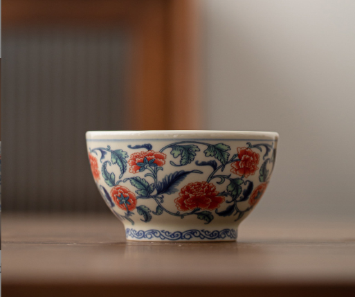 新款青花茶杯（草木灰--碗杯【牡丹】）