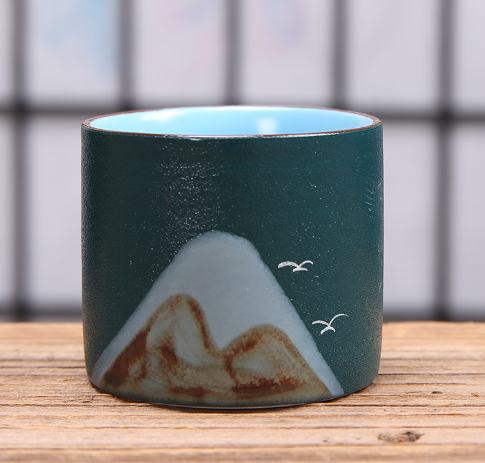 新款茶具陶瓷茶杯（萬裏江山直身杯--墨綠）