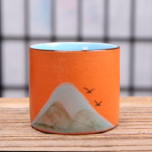 新款茶具陶瓷茶杯（萬裏江山直身杯--橙紅）