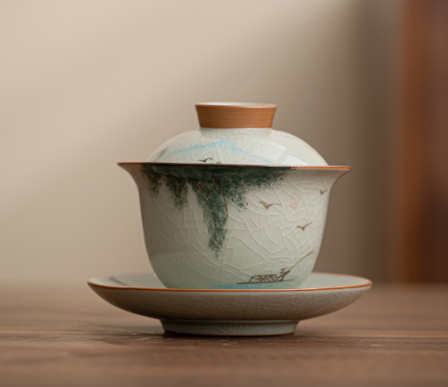 New tea cups and bowls (hand-painted by Ge Kiln--covered bowl [rafting])