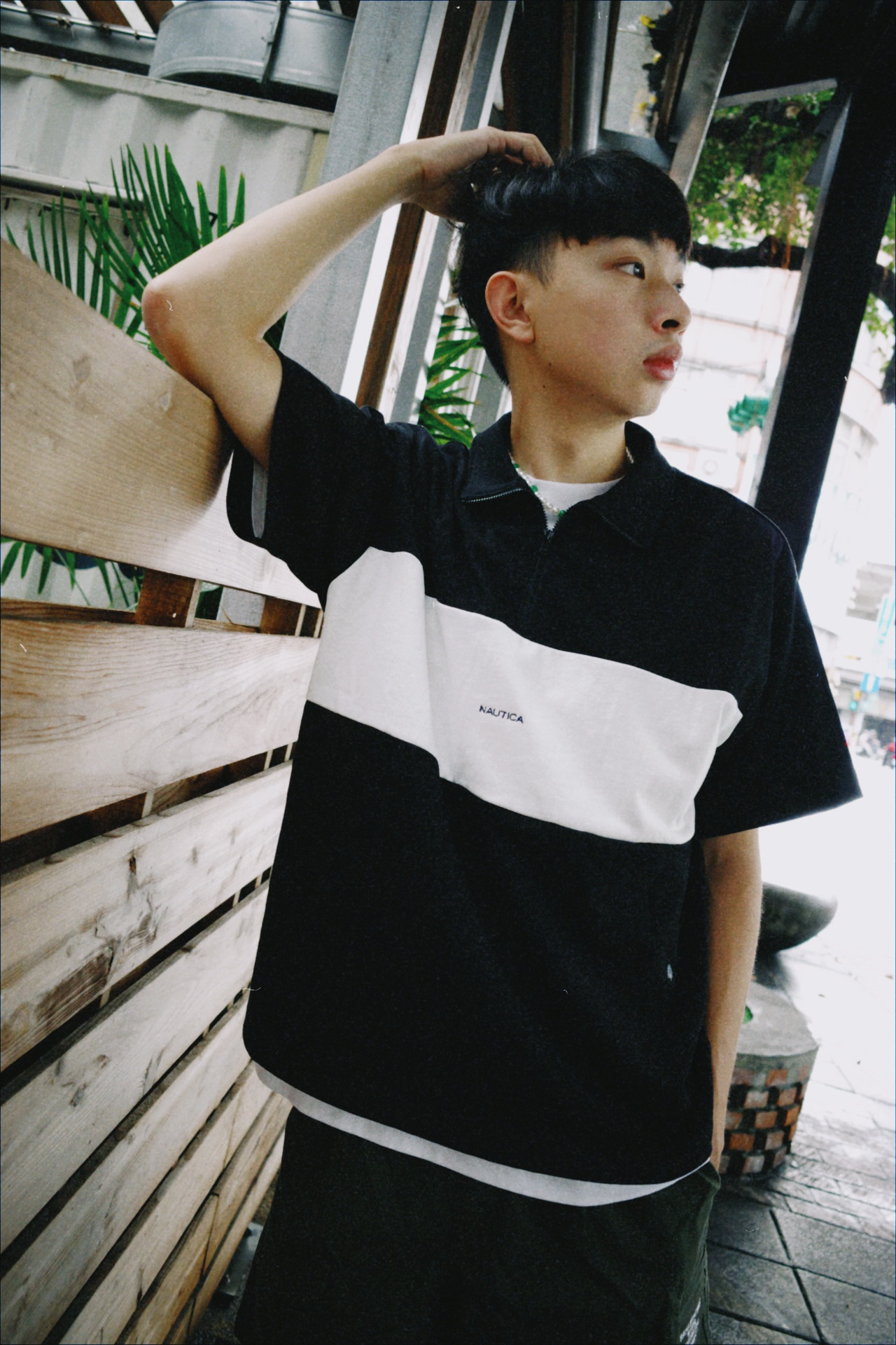 NAUTICA 拼接半拉鍊 短袖上衣 (灰藍/黑白/綠白)