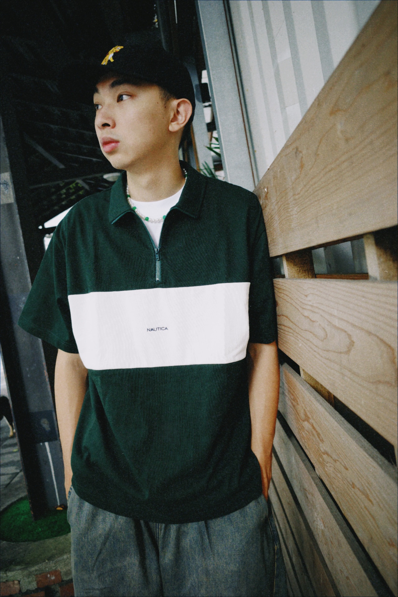 NAUTICA 拼接半拉鍊 短袖上衣 (灰藍/黑白/綠白)