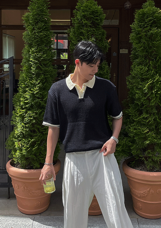 線條配色領子短袖針織衫上衣