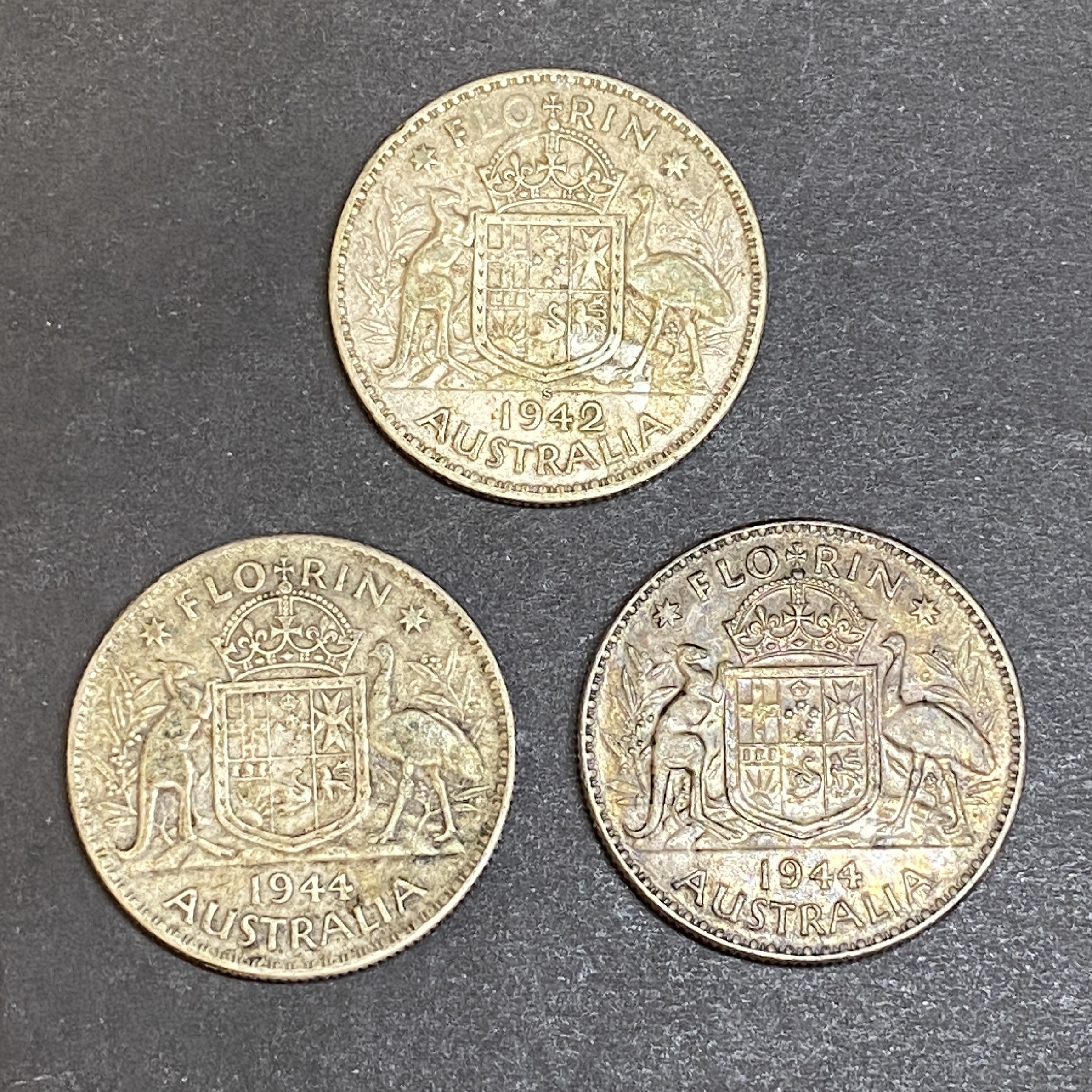 1942 and 1944 Australian George VI, 3 Florin silver coins (92.5% silver) with significant tarnish