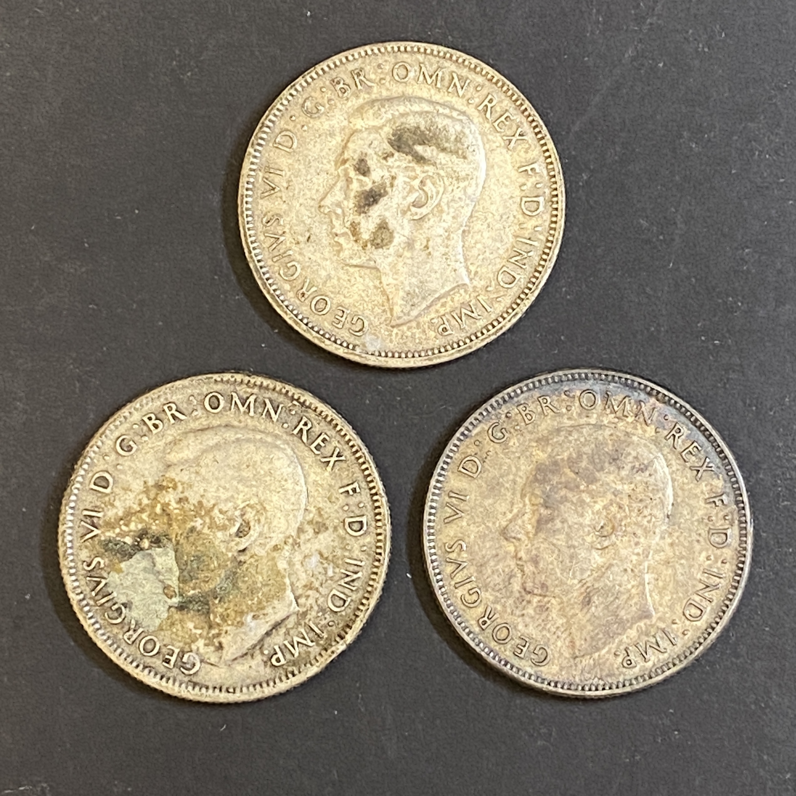 1942 and 1944 Australian George VI, 3 Florin silver coins (92.5% silver) with significant tarnish