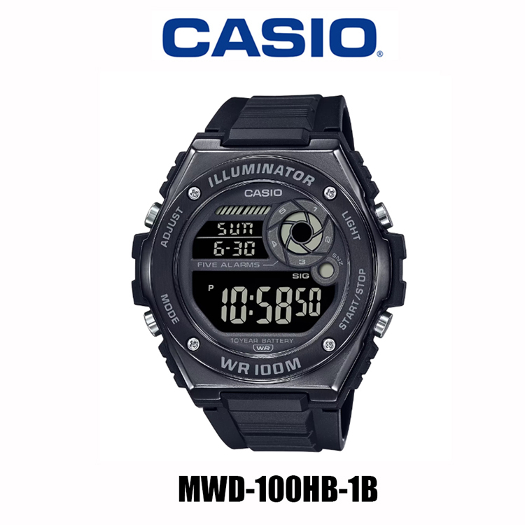 【CASIO 卡西歐】 金屬錶框100米多功能防水運動矽膠電子錶 MWD-100HB-1B