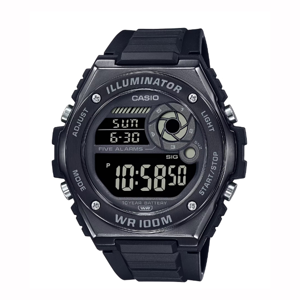 【CASIO 卡西歐】 金屬錶框100米多功能防水運動矽膠電子錶 MWD-100HB-1B