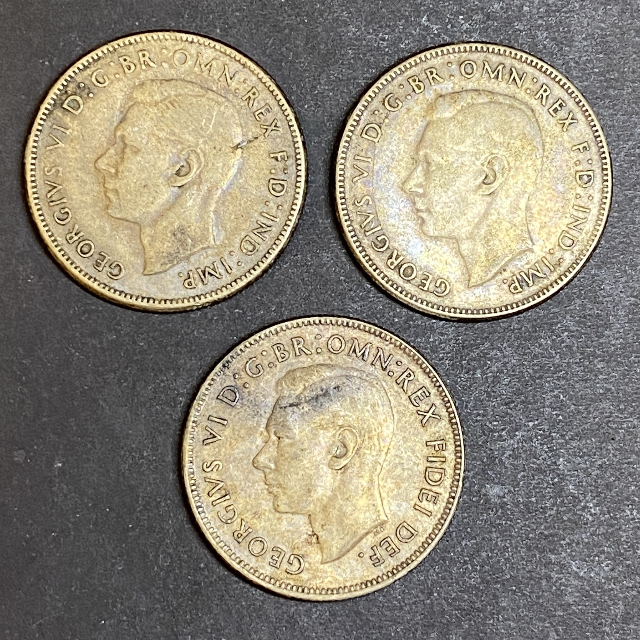 1946 and 1951 Australia George IV, 1 Florin 3 silver coins (50% silver) with significant tarnish