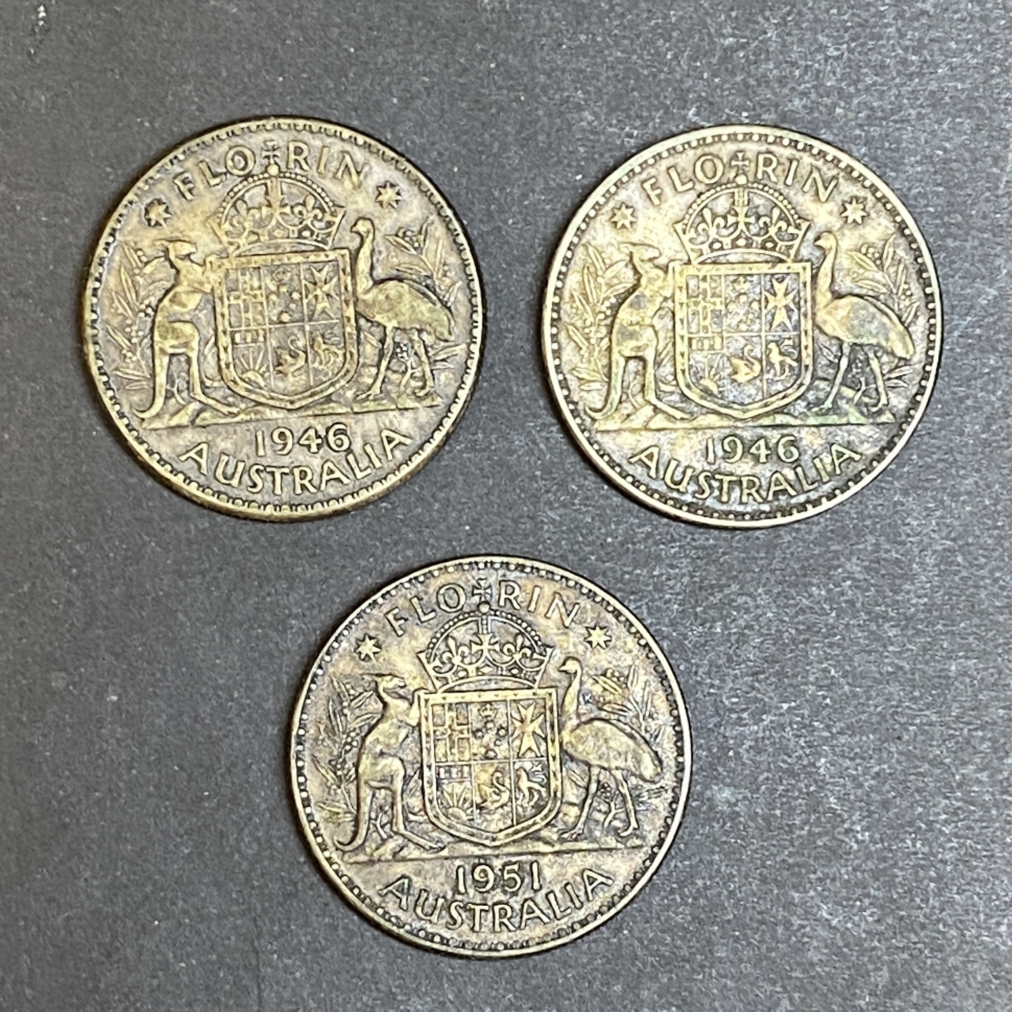 1946 and 1951 Australia George IV, 1 Florin 3 silver coins (50% silver) with significant tarnish