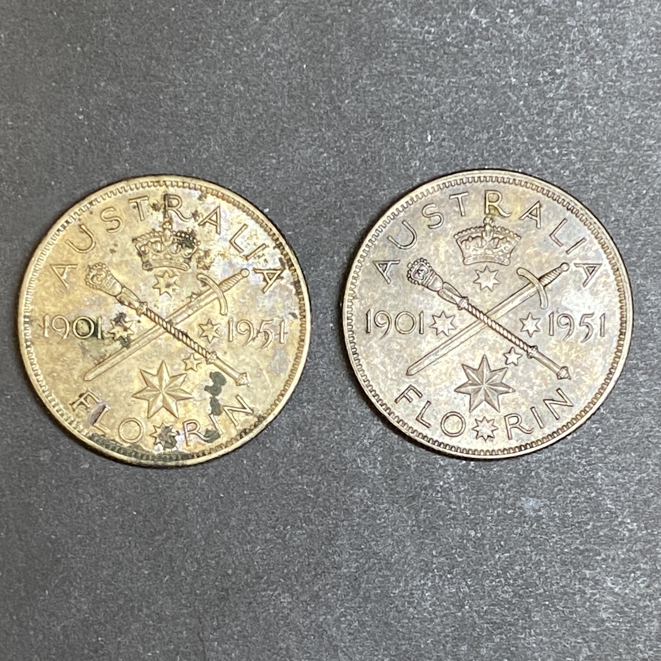 Two 1951 Australian George VI 50th Anniversary of Federation 1 Florin silver coins (50% silver)