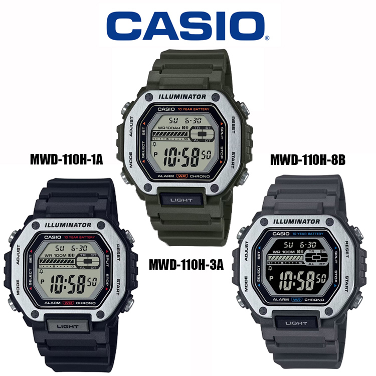 【CASIO 卡西歐】 MWD-110H 堅韌金屬方形防水十年電池運動電子腕錶