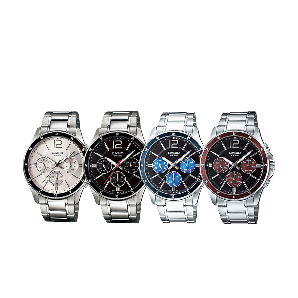 【CASIO 卡西歐】 MTP-1374D 商務 紳士 日期 三眼 不鏽鋼 腕錶