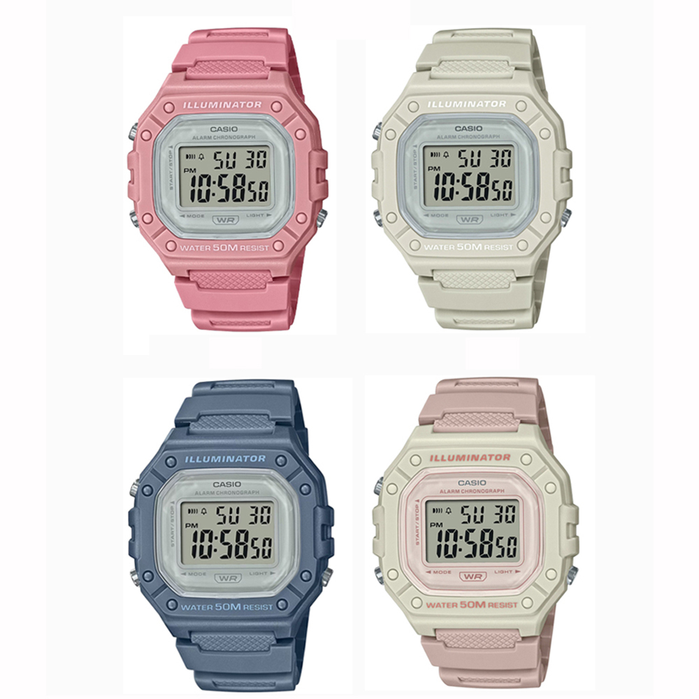 【CASIO 卡西歐】 W-218HC 復古方型繽紛LED多功能防水運動電子錶