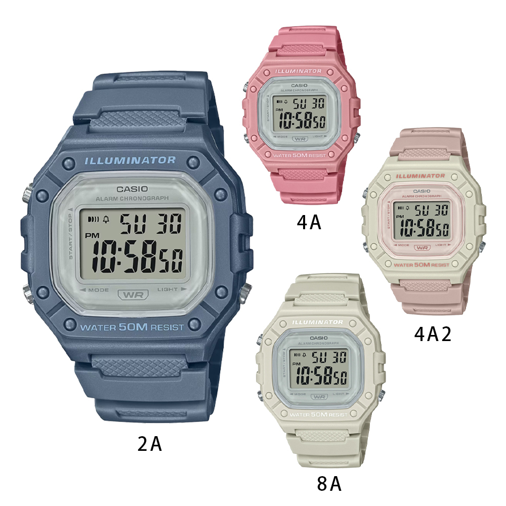 【CASIO 卡西歐】 W-218HC 復古方型繽紛LED多功能防水運動電子錶