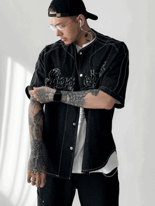 夏季棒球牛仔短袖襯衫