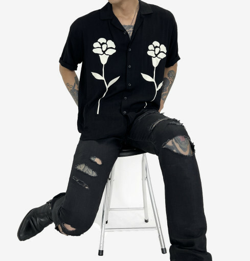 Naker花卉亞麻短袖襯衫