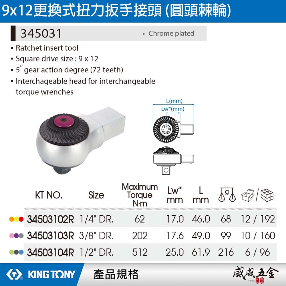 KING TONY 金統立｜345031｜9x12 更換式扭力扳手接頭 (圓頭棘輪) 替換式 扭力板手用接頭