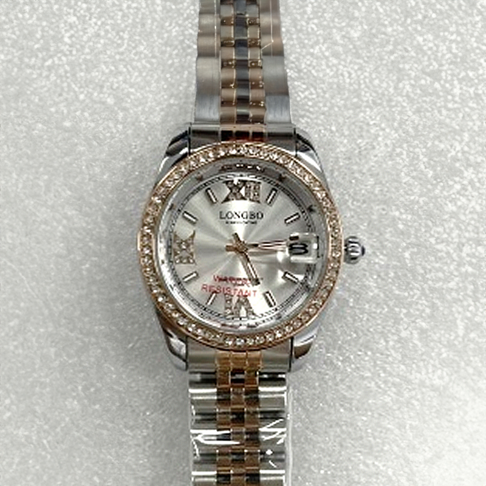 【Longbo 朗博】晶鑽時標 晶鑽羅馬時標 帶日期 不鏽鋼石英錶