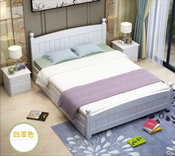 Popular solid wood bed (white paint with double drawers + mattress) 1350mm*2000mm
