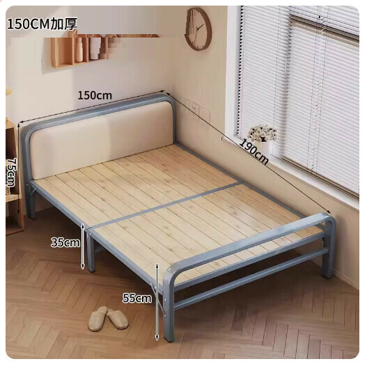 Popular folding bed office lunch break simple bed [upgraded soft package high bedside] 150CM Morandi color reinforced steel and wood design]