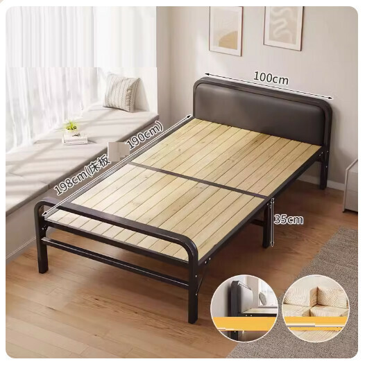 Popular Folding Bed Office Lunch Break Simple Bed [Upgraded Soft Packing High Headboard] 100CM Black Reinforced Steel Wood Design]