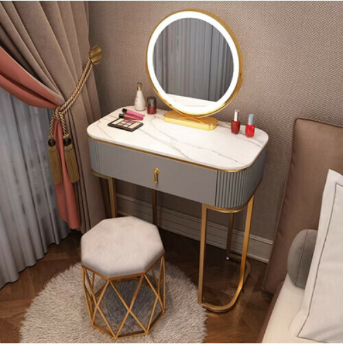 Popular mini ins style dressing table (70 gray and white single table + smart mirror + black nest stool)