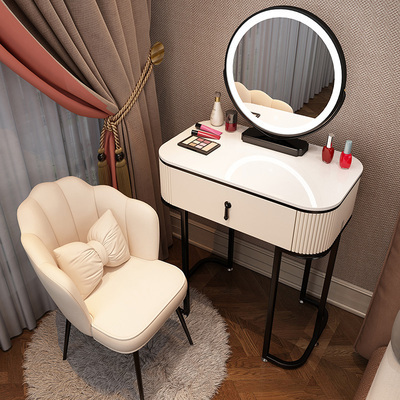 Hot new style light luxury high-end Nordic internet celebrity ins makeup table (black and white F80 single table + smart mirror + white petal chair)