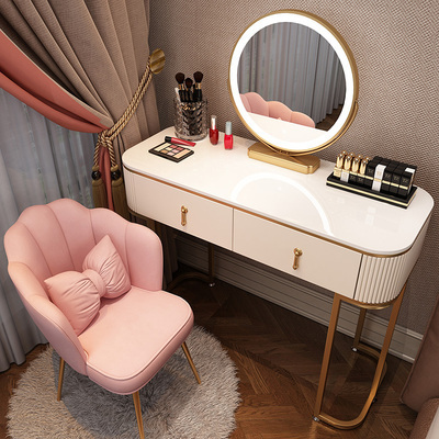 Hot new style light luxury high-end Nordic internet celebrity ins makeup table (gold and white F100 single table + smart mirror + pink petal chair)