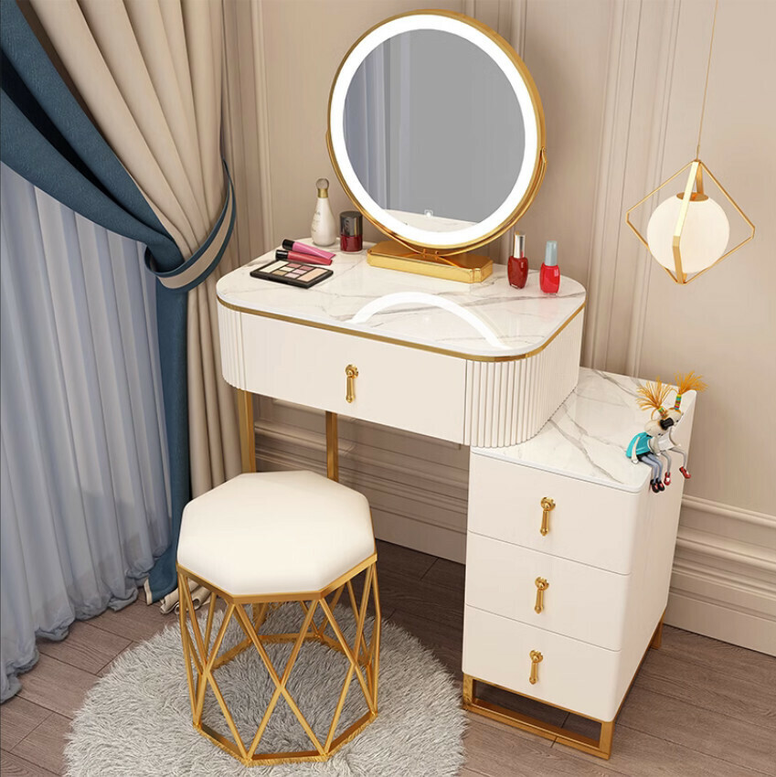 Popular Nordic light luxury dressing table (white 50 table + cabinet + mirror + bird's nest stool)