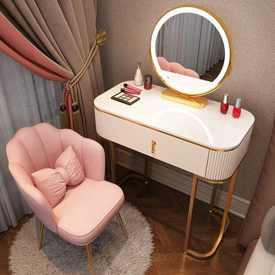 Hot new style light luxury high-end Nordic internet celebrity ins makeup table (gold and white F80 single table + smart mirror + pink petal chair)