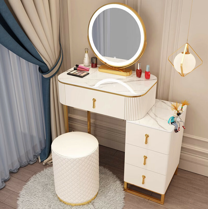 Popular Nordic light luxury dressing table (white 70 table+cabinet+mirror+leather round board)