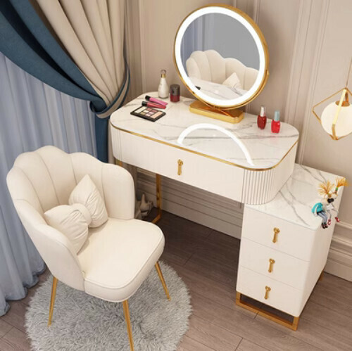 Popular Nordic light luxury dressing table (white 70 table + cabinet + mirror + petal chair)