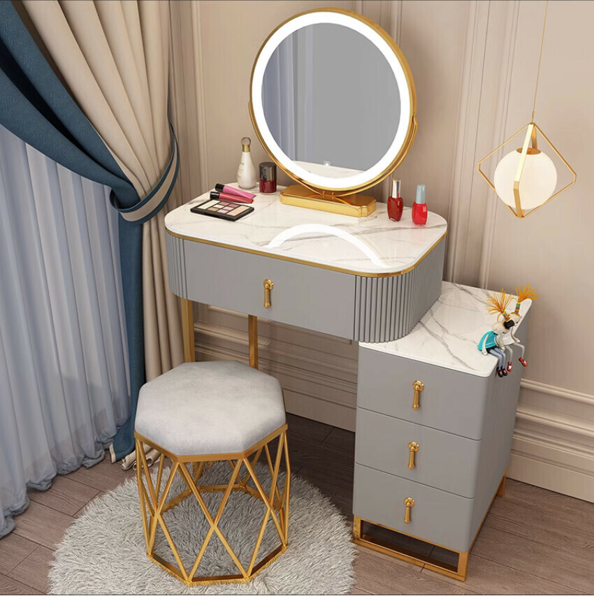 Popular Nordic light luxury dressing table (grey 50 table + cabinet + mirror + bird's nest stool)