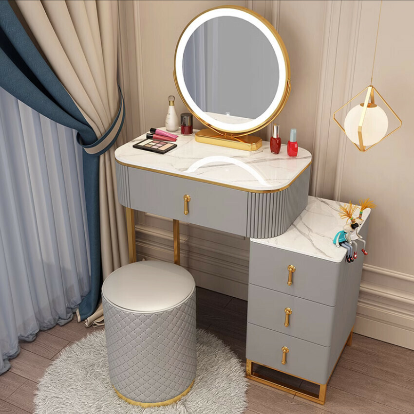 Popular Nordic light luxury dressing table (grey 70 table + cabinet + mirror + leather round stool)