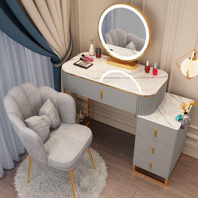 Popular Nordic light luxury dressing table (grey 70 table + cabinet + mirror + petal chair)