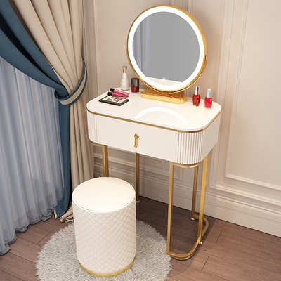 Popular high-end light luxury style dressing table (F60 white table + mirror + leather round stool)