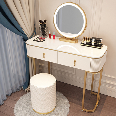 Popular high-end light luxury style dressing table (F100 white table + mirror + leather round stool)