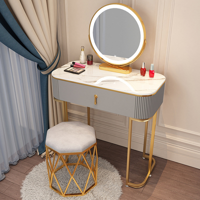 Popular high-end light luxury style dressing table (F80 gray and white table + mirror + bird's nest stool)