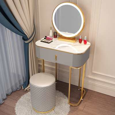 Popular high-end light luxury style dressing table (F60 gray and white table + mirror + leather round stool)