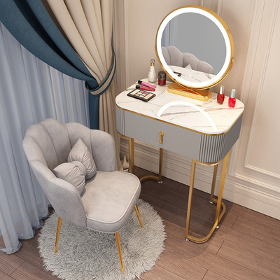 Popular high-end light luxury style dressing table (F60 gray and white table + mirror + petal chair)