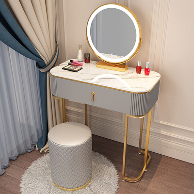 Popular high-end light luxury style dressing table (F70 gray and white table + mirror + leather round stool)