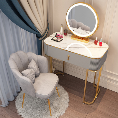 Popular high-end light luxury style dressing table (F80 gray and white table + mirror + petal chair)