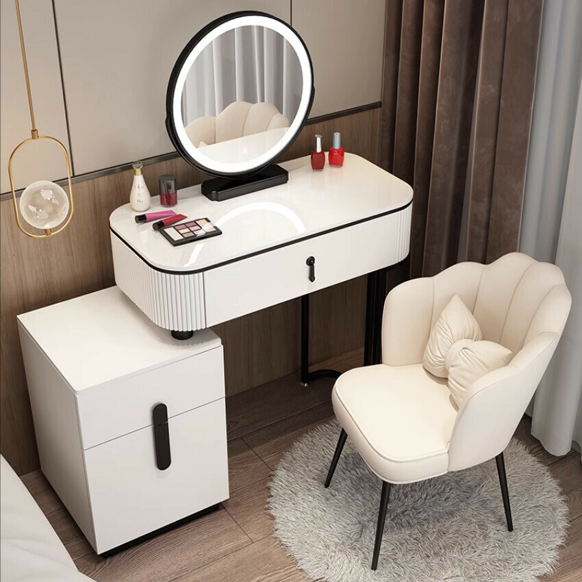 Popular modern and simple small apartment dressing table storage cabinet (60 black and white table + 2 drawer cabinets + mirror + petal chair)
