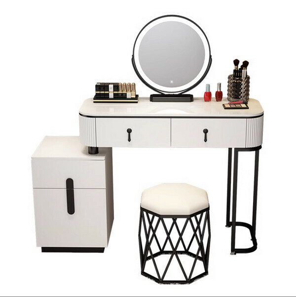 Popular modern and simple small apartment dressing table storage cabinet (100 black and white table + 2 drawer cabinets + mirror + bird's nest stool)