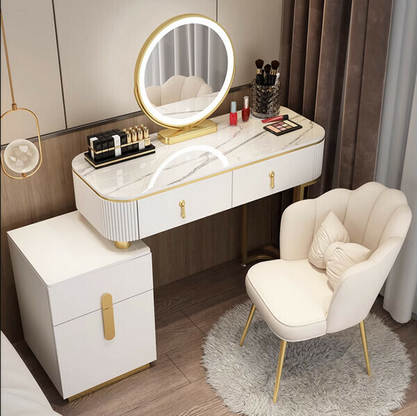 Popular modern and simple small apartment dressing table storage cabinet (70 white table + 2 drawer cabinets + mirror + petal chair)