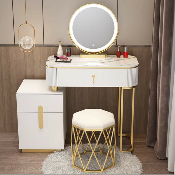 Popular modern simple small apartment dressing table storage cabinet (100 white table + 2 drawer cabinets + mirror + bird's nest stool)