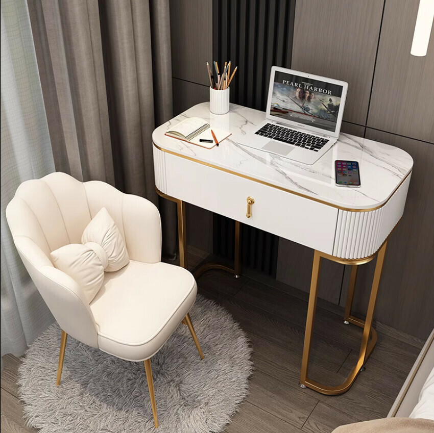 Hotly recommended light luxury slate desk bedroom computer desktop table (white 80 desk + petal chair)