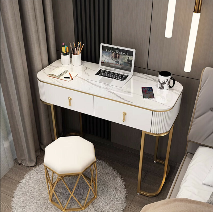 Hotly recommended light luxury slate desk bedroom computer desktop table (white 80 desk + bird's nest stool)